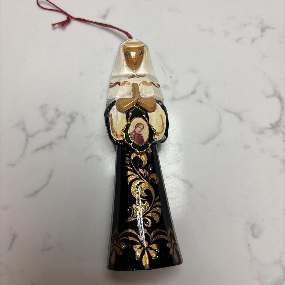 Vintage Hand Painted Carved wood Praying Nun Ornament Russian Black St.Gerard 5"